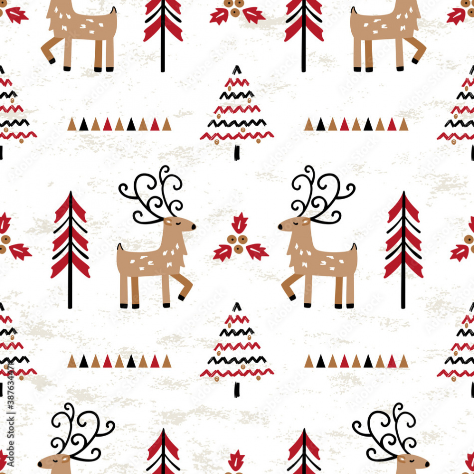 Cartoon Cute Reindeer and Winter Forest Abstract Background