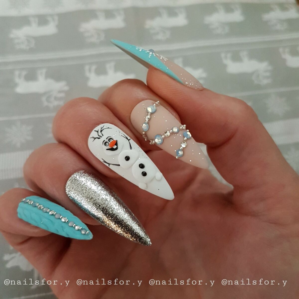 Christmas press on nails❄Frozen Olaf Disney nails❄blue French❄winter nails