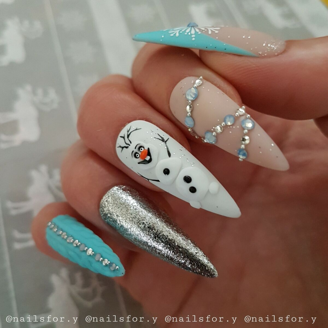 Christmas press on nails❄Frozen Olaf Disney nails❄blue French❄winter nails