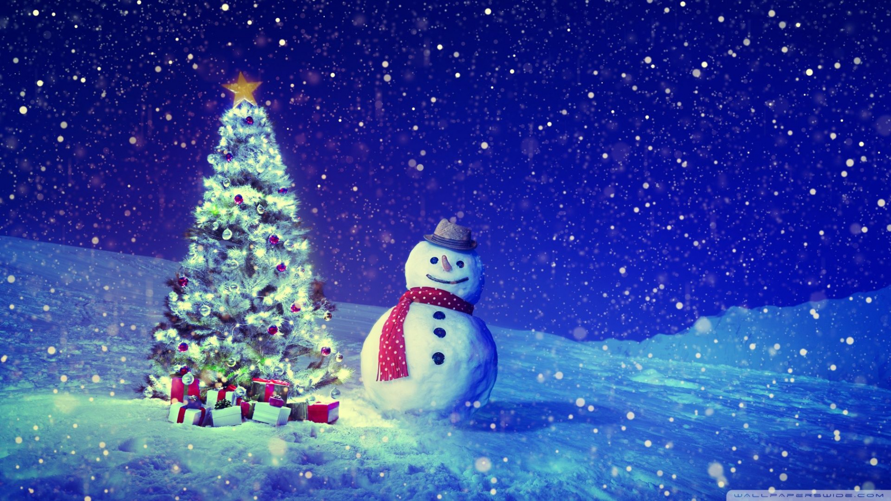 Christmas Tree Snowman Winter Landscape  Christmas photos