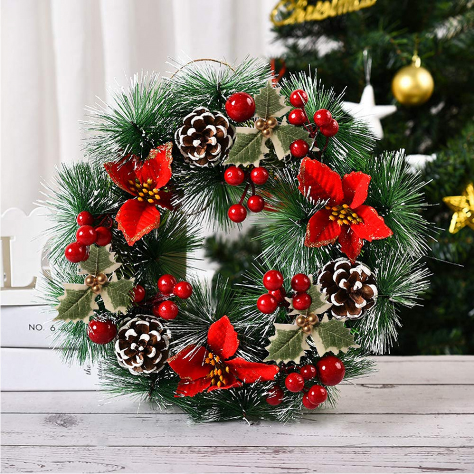 Christmas Wreaths for Front Door Christmas Art Decorations Thanksgiving Day  Indoor Outdoor Home Decoration Wreath Three Red Flowers Pine Cones Fruit