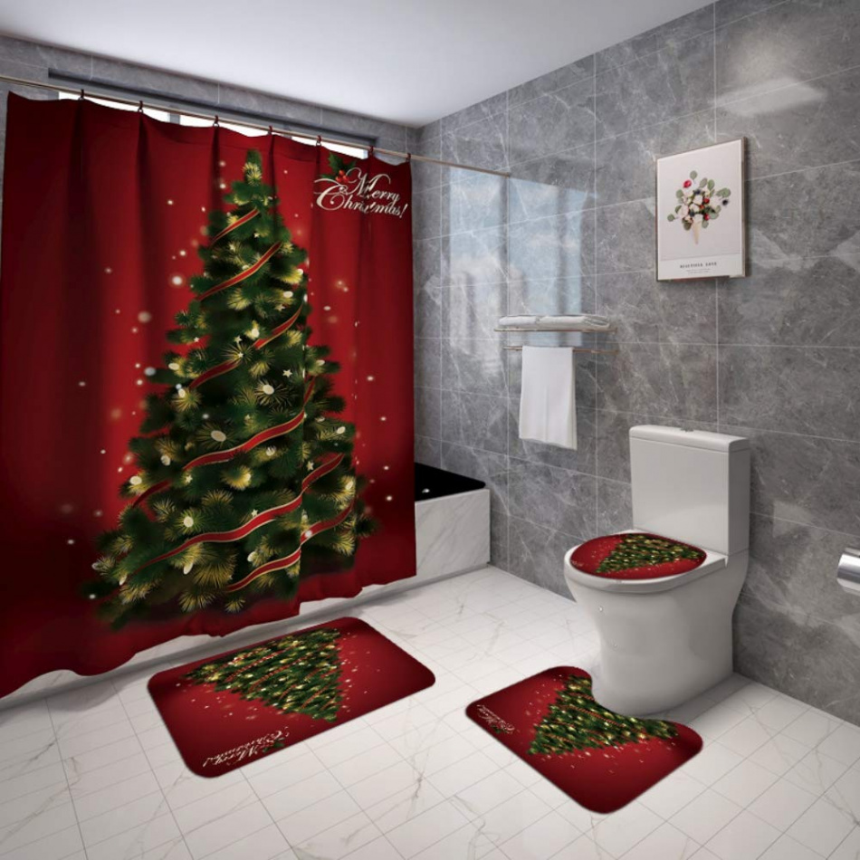 ChYoung Christmas Shower Curtain Set of  Christmas Bathroom Set  Decorations Accessories Bathroom Bath Mat Carpet Christmas Shower Curtains  for