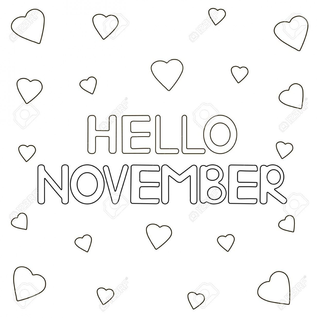 Coloring Page With Hand Drawn Text "Hello November" And Hearts