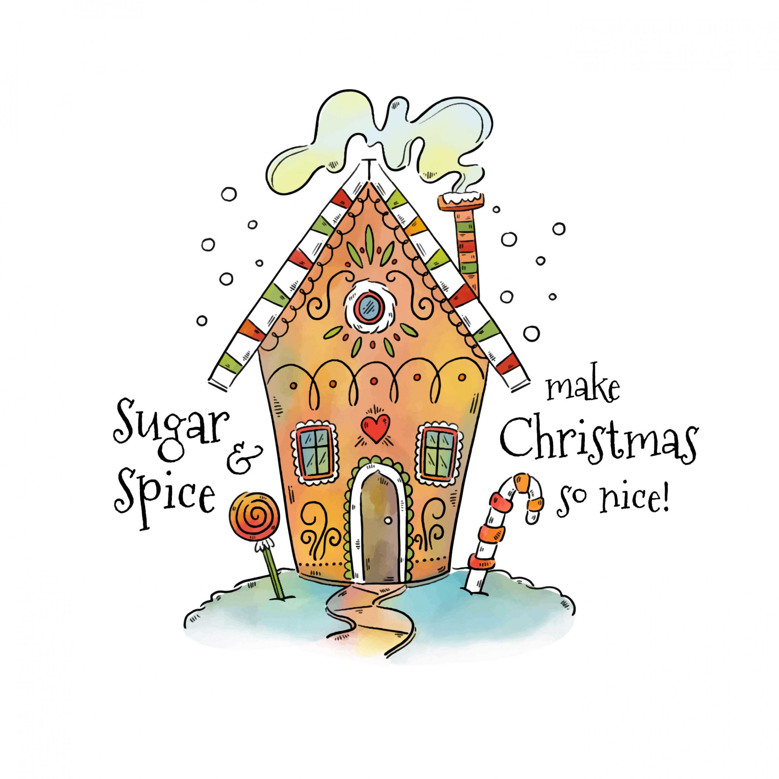 Cute Gingerbread House With Snow And Candies With Christmas Quote