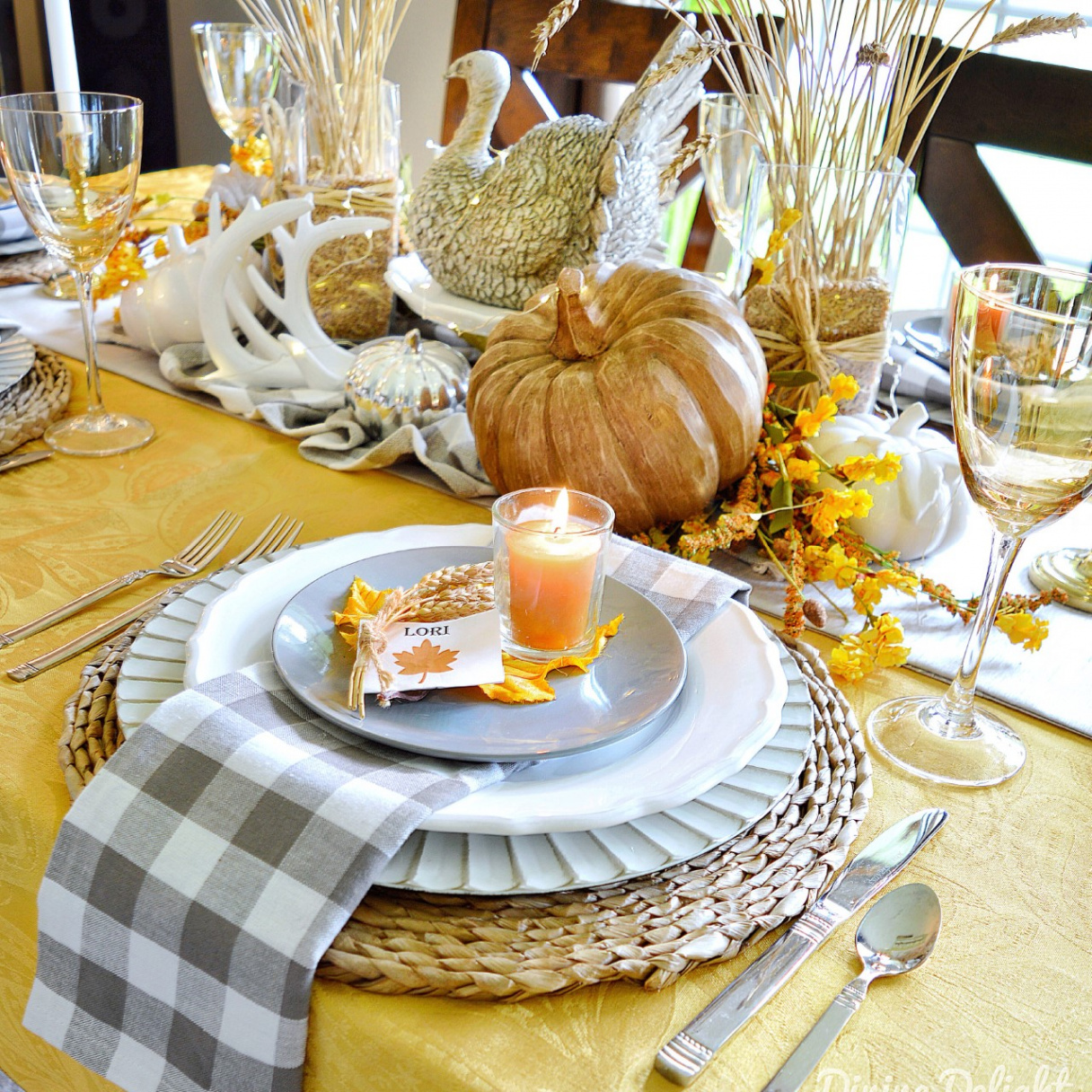 Dining Delight: Yellow & Gray Harvest Themed Thanksgiving Tablescape