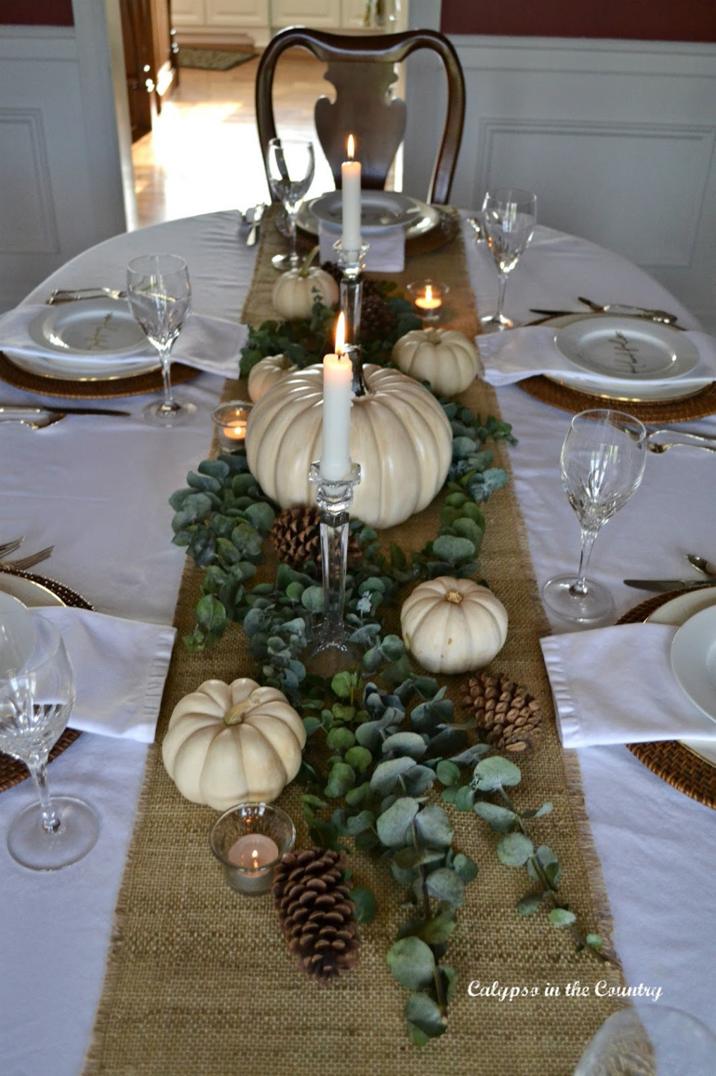 Elegant Thanksgiving Table Setting with White Pumpkins - Calypso