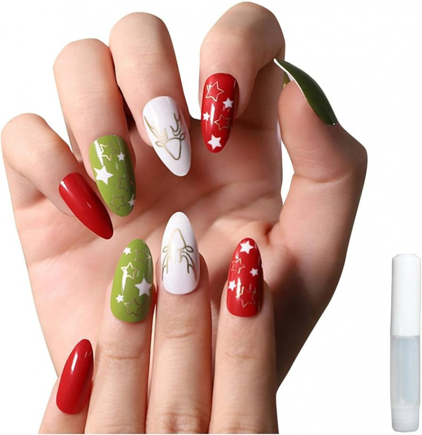 Fake Christmas Nails Star Elk Red Green Press On Nail Fake Nail