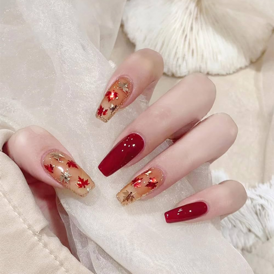 Fall Press on Nails Long Coffin Fake Nails -Pcs Autumn Maple Leaves False  Nails Thanksgiving Red Gold Maple Leaf Nail Glitter Flakes Design Nails