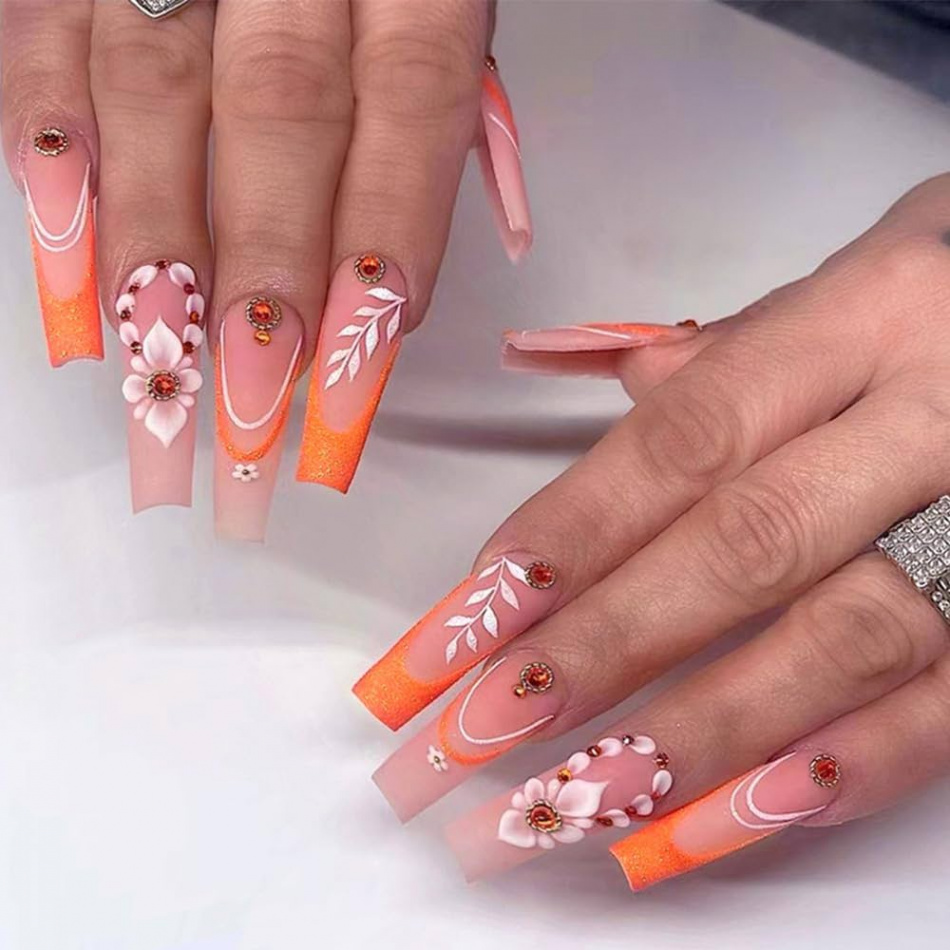 Fall Press on Nails Long, French White Flower Orange Rhinestone Fashion  Square Fake Nails, Reusable & Natural Acrylic Thanksgiving False Nails  Stick