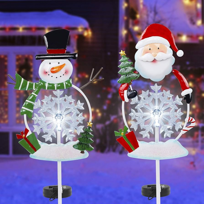 FORUP Solar Christmas Yard Decorations, Outdoor LED Solar Powered Snowflake  Xmas Pathway Lights, Metal Garden Stake Lights, Snowman Santa Christmas