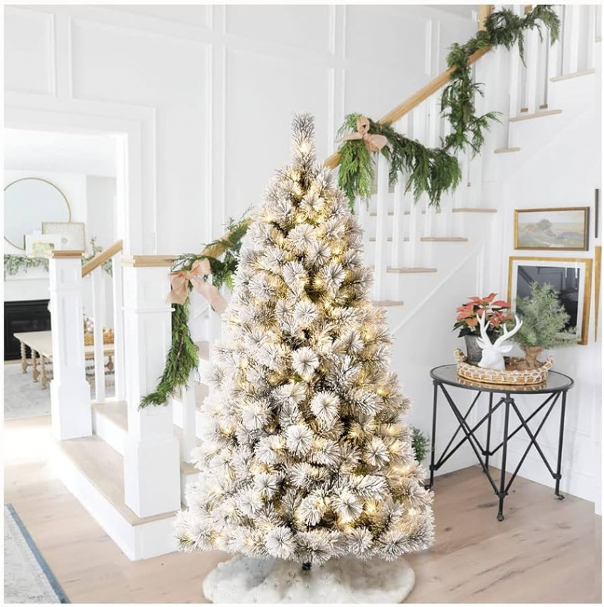 Glitzhome ft Pre-Lit Artificial Christmas Tree, Flocked Pencil Pine Xmas  Tree with  Warm White Lights for Home Office Party Decoration