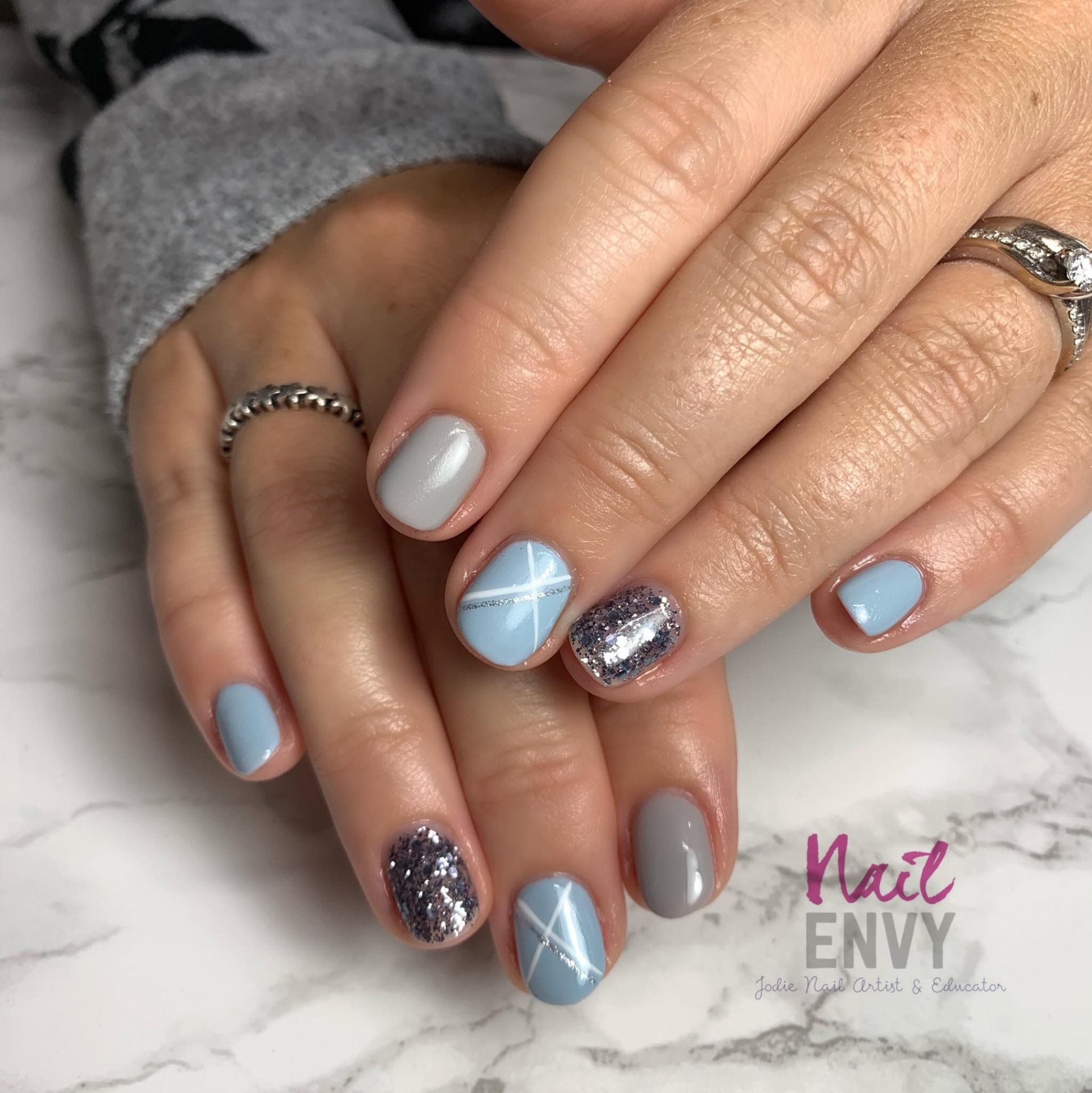 Grey and blue biab gel nails  Short acrylic nails designs, Gel