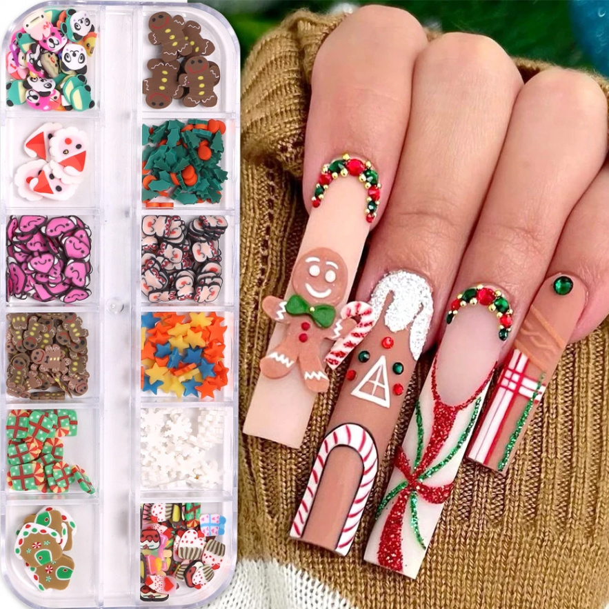 Grids Christmas Cartoon Nail Cute Polymer Clay Slices Santa Gingerbread  Penguin Snowflakes Gem Jewelry DIY Manicure Art Decor