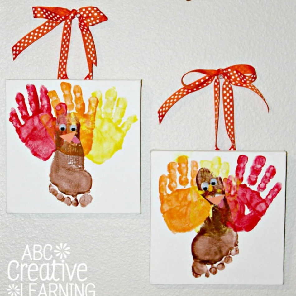 Handprint and Footprint Turkey Kids Craft Canvas Art