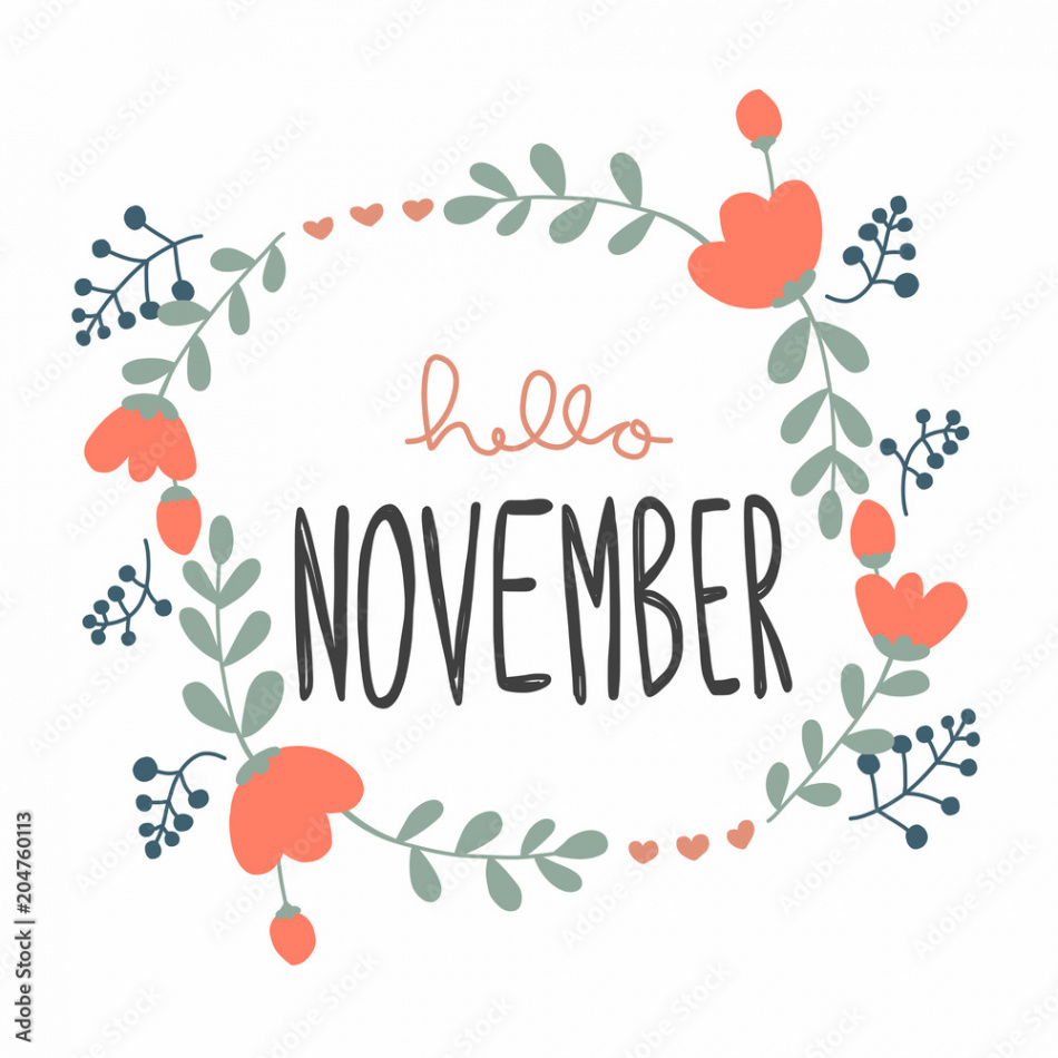 Hello November cute flower wreath vector illustration doodle style