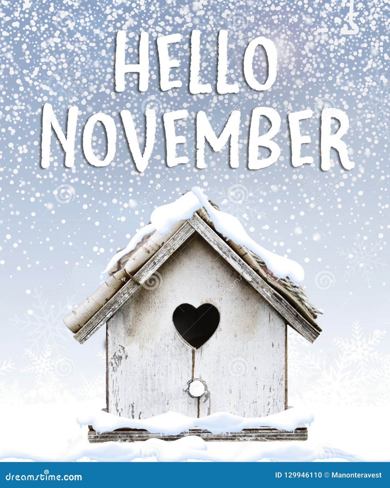 Hello November Text Winter Snow Falling Down on Cute Little Bird