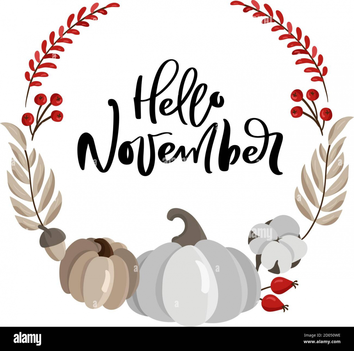 Hello November wreath design template with orange, gray pumpkin