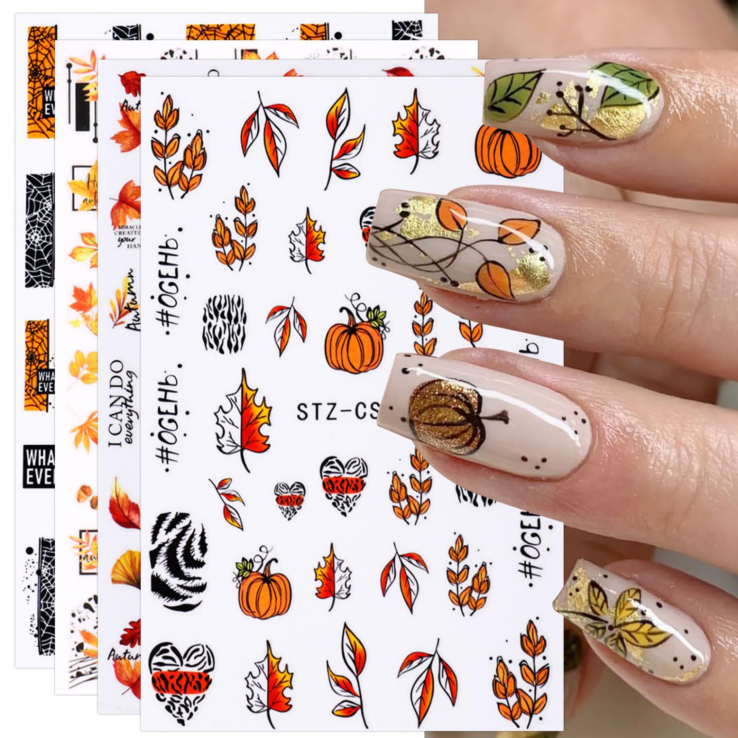 JMEOWIO  Sheets Fall Autumn Nail Art Stickers Decals Self-Adhesive  Pegatinas Uñas Pumpkin Maple Leaf Thanksgiving Nail Supplies Nail Art  Design