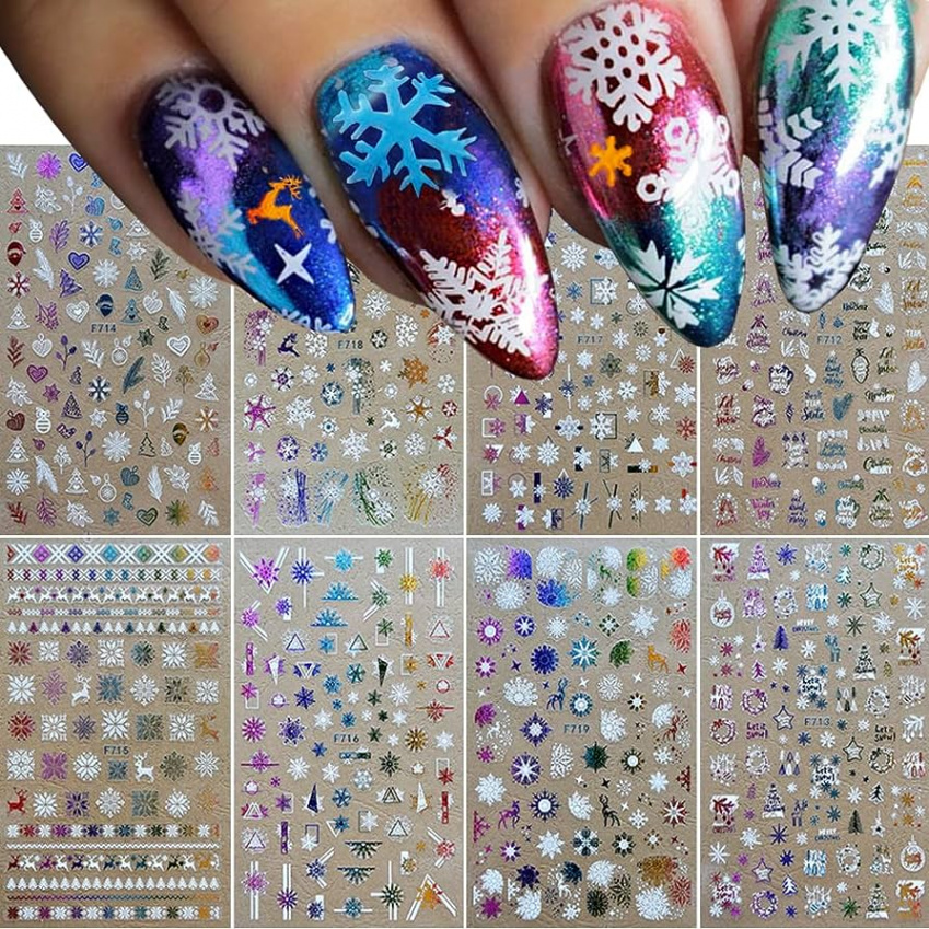 Nagelsticker Weihnachten, D Holografisch Nagelsticker Selbstklebend,Winter  Nägel Zum Aufkleben Nagelaufkleber Nail Art Dekoration Weiß ( Blätter )