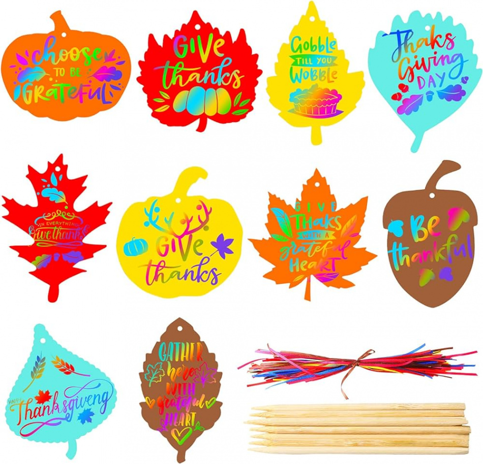 Pack of  Thanksgiving Scratch Paper Art Set Case Scratch Craft Art Magic  Colour Scratch Case Leaves with  Colourful Ribbons  Bamboo Sticks for