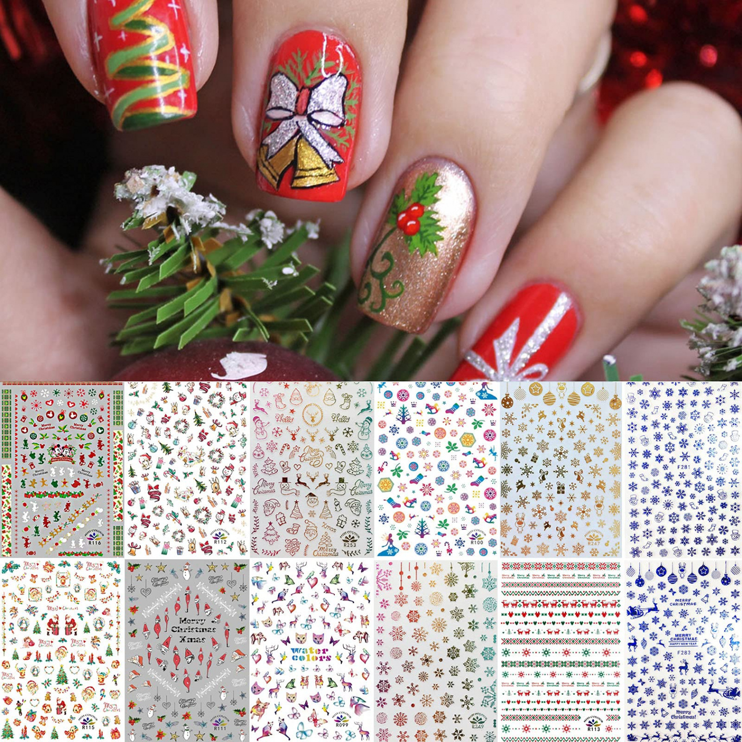 + Patterns Christmas Nail Art Stickers Decals, Kalolary Self-adhesive  Nail Stickers Santa Claus Snowflake Snowman Christmas Bell Tree Stick Elk