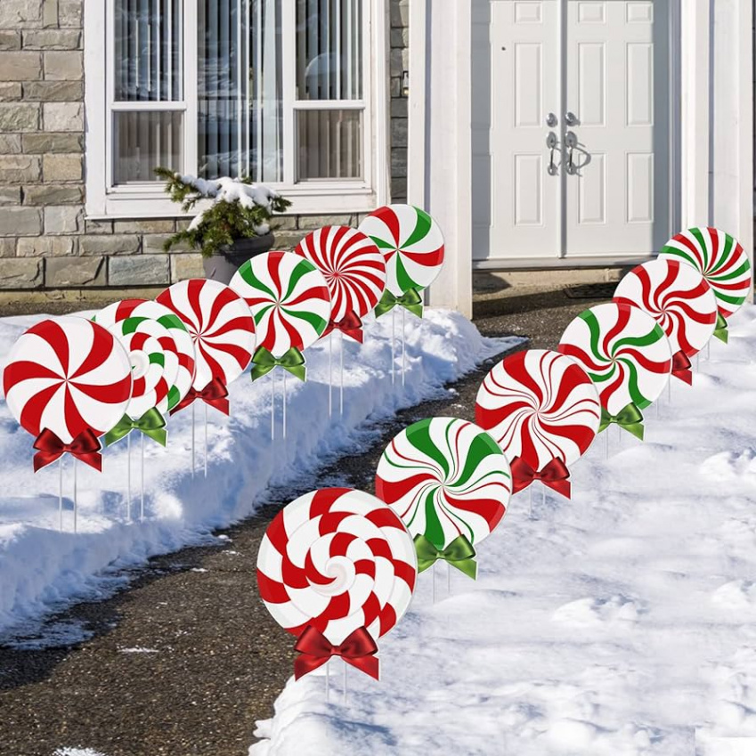 Pieces Christmas Signs Outdoor Peppermint Wavy Yard Decoration with  Stakes and Bow Christmas Decorations Candy Garden Sign Walkway Decoration