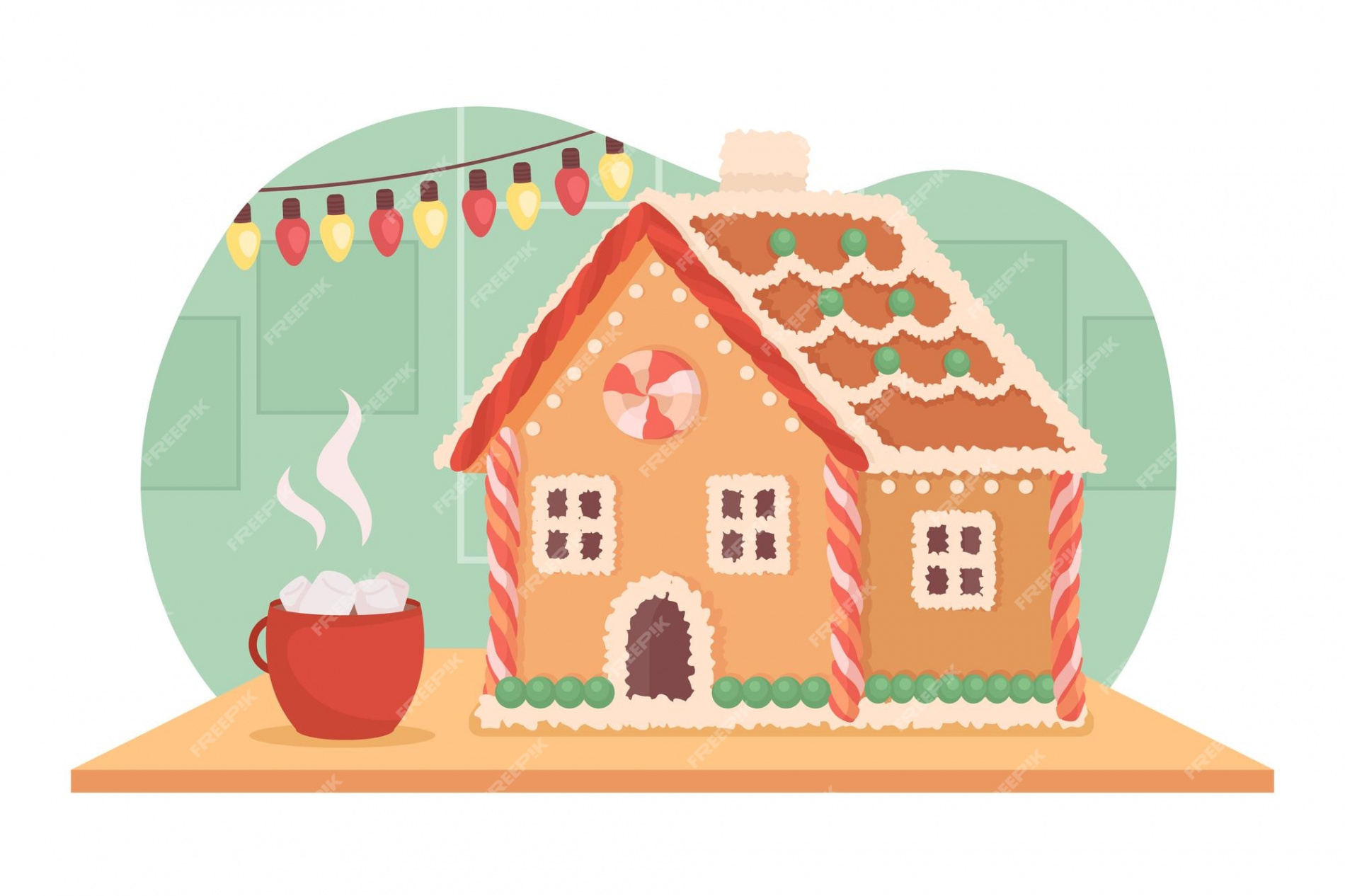 Premium Vector  Gingerbread house and hot beverage d vector