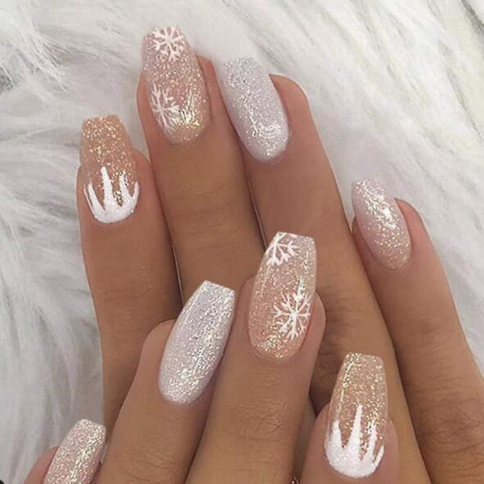 Press On Nails White Snowflake Coffin Fake Nails Christmas False Nails Full  Cover Acrylic Nails For Women And Teen Girls (style )