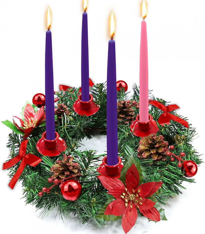 [Safety Fire Retardant] Christmas Red Advent Wreath Decoration,  Advent  Candle Holders with  Pine Corn,  Ribbons,  Poinsettia,  Baubles,