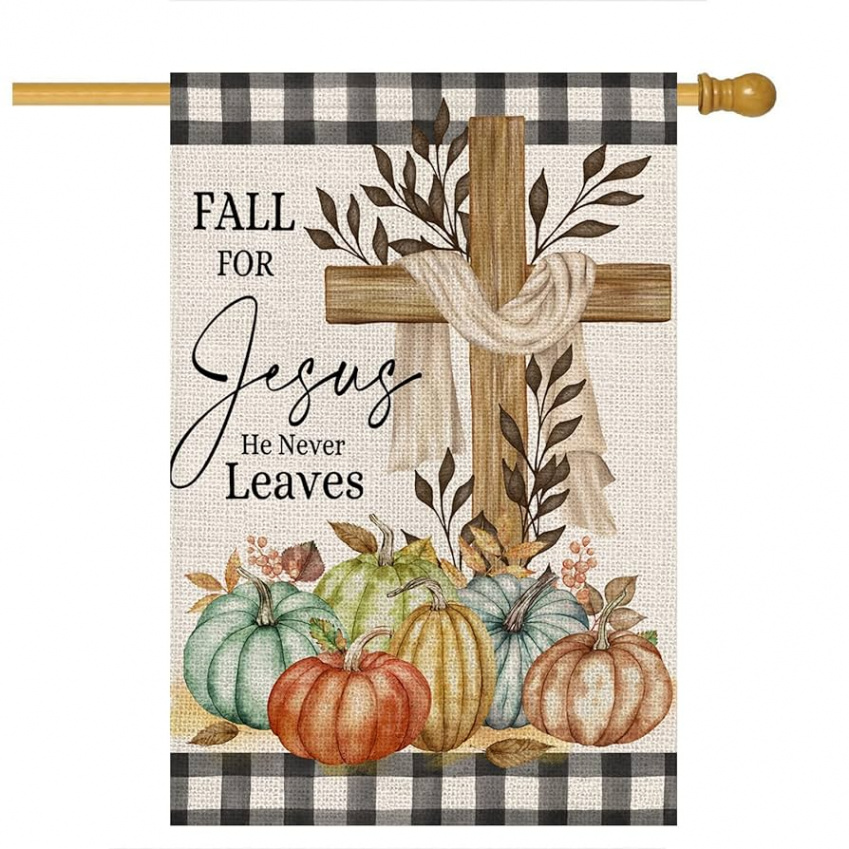 Thanksgiving Cross House Flag Outdoor x Inch Double Sided Religious  Cross Autumn for Jesus Buffalo Plaid with Pumpkins Decorative House Flag  for