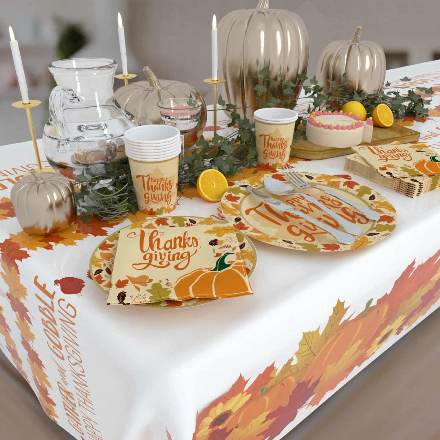 Thanksgiving Plates Napkins Cups Table Cloth Serving  Disposable  Tableware Paper Plates Cups Napkins Plastic Tablecloth Perfect for  Thanksgiving