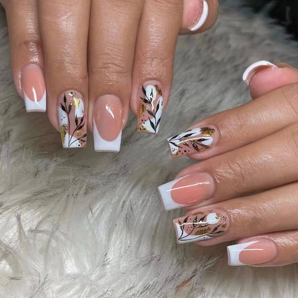 Thanksgiving Press on Nails Fake Nails French Tip Medium Length Square Fake  Nails Fall White Tip Leaves for Fall Nails Acrylic Nails Glossy Natural