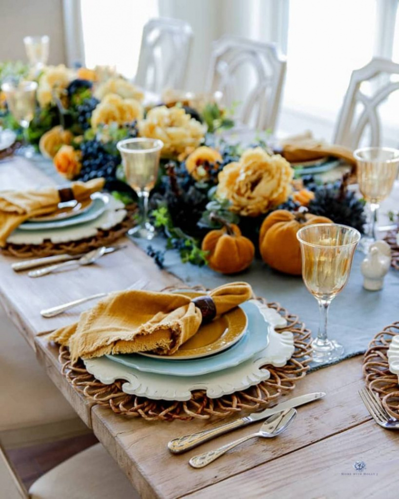 Thanksgiving Table Decor in Blue and Yellow - Home With Holly J