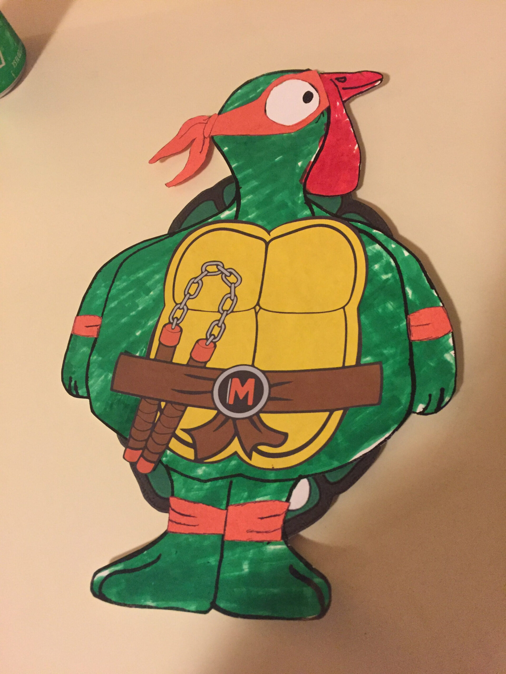 Tom the Turkey in disguise as Michelangelo the Ninja Turtle