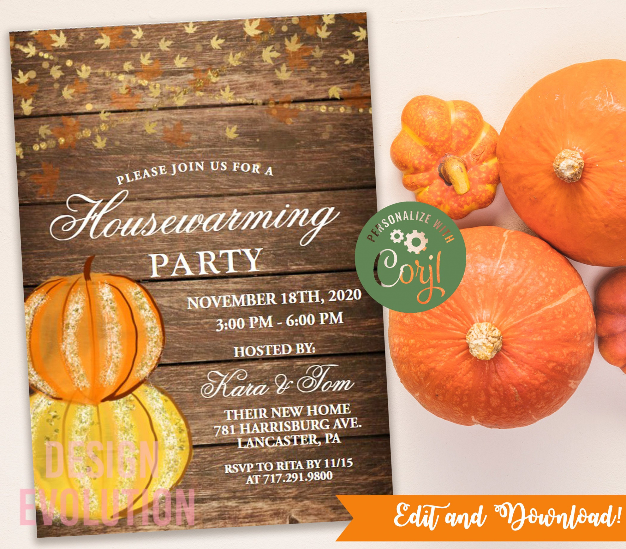 TRY THE DEMO - Rustic Housewarming Thanksgiving Friendsgiving Fall Party  Pumpkin String Lights Invitation