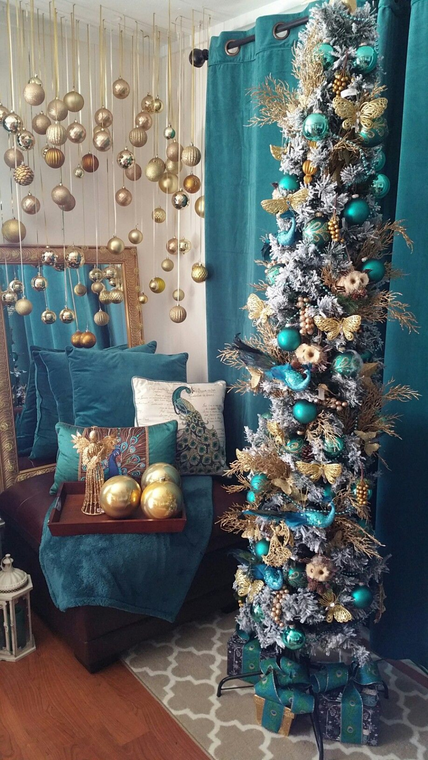 Turquoise & Gold Loft •~• holiday vignette  Slim christmas tree