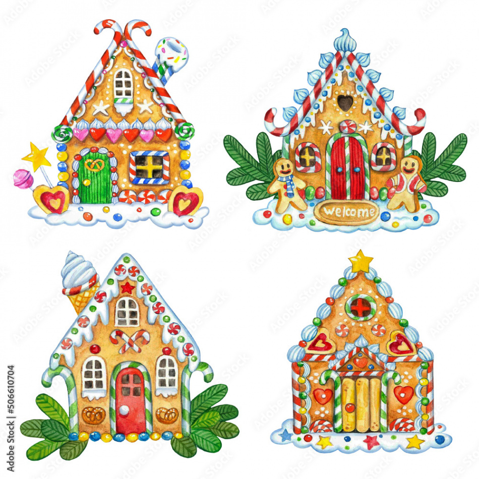 Watercolor illustration with isolated gingerbread houses Stock