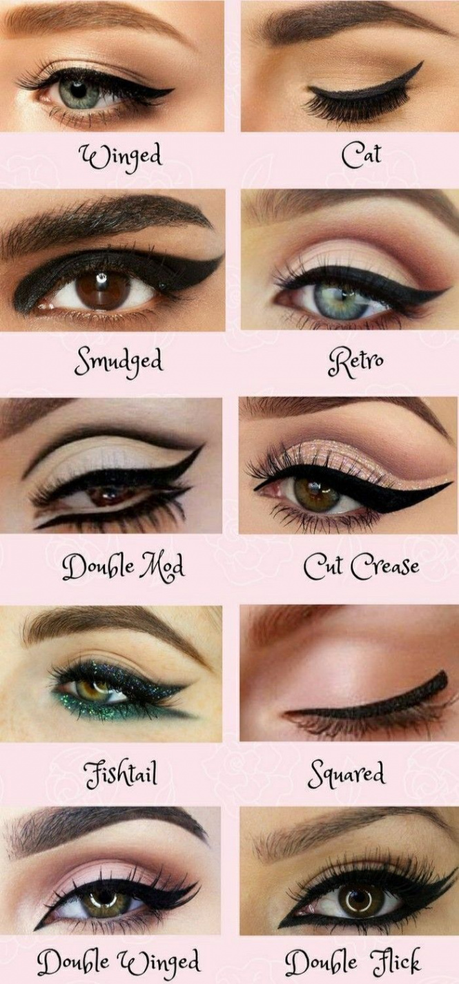 Winged eyeliner tutorial photo collage of close ups of different