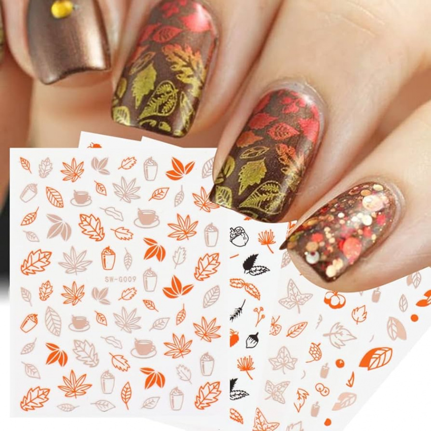 YOKSAS Fall Rose Gold Nail Art Stickers,  Sheets Holographic Orange  Defoliation Maple Leaf Nail Decals Self-Adhesive Thanksgiving Fake Nail  Design