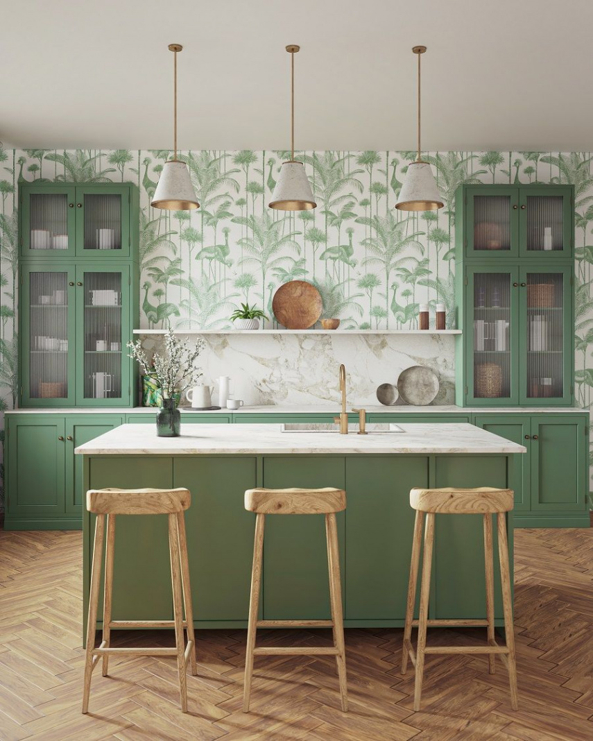 A Green Kitchen Taken to Another Level With Wallpaper - Dear