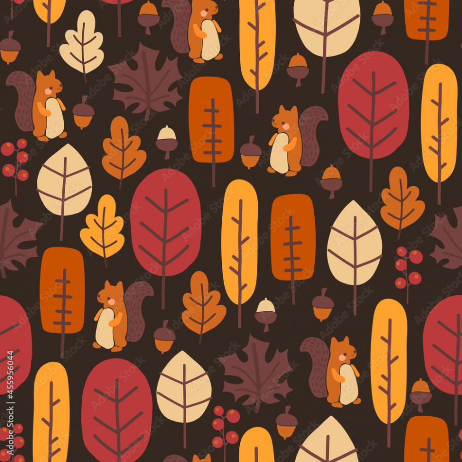 Autumn nature seamless vector pattern cute autumn forest, squirrel