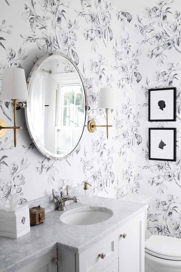 Black and White Bathroom Design with Floral Wallpaper