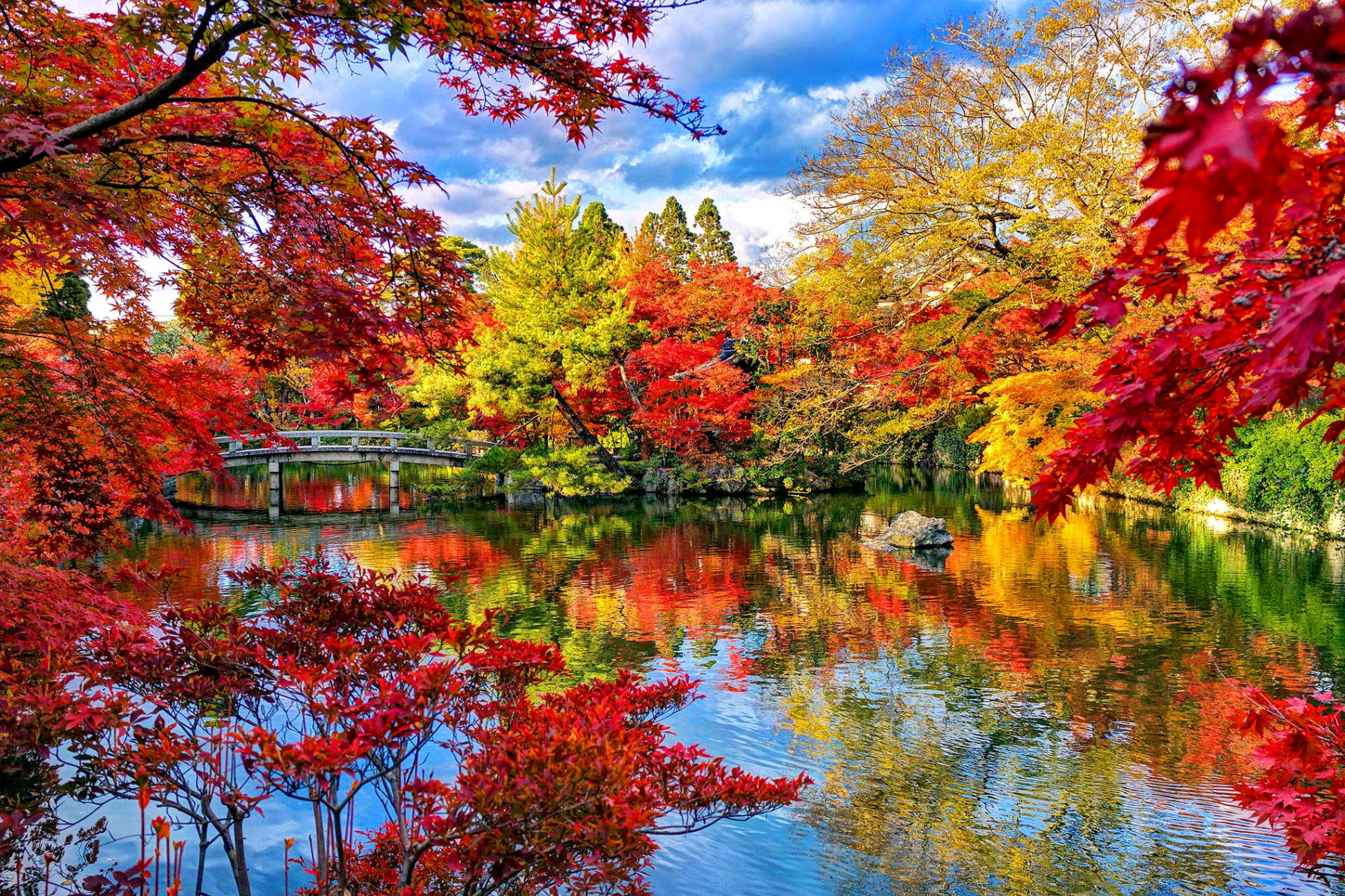 Bridge over Lake in Autumn