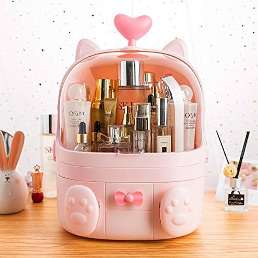 Cat Shape Makeup Organizer, Modern Jewelry and Cosmetic Storage Display  Boxes with Heart Shaped Handle, Waterproof Dustproof Design Great for