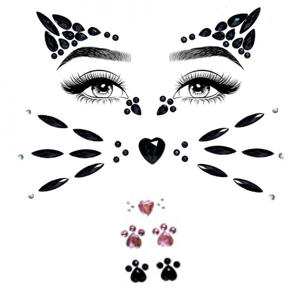 Crystal Cat Face Gems, Pink Cat Print Jewels, Black Face Jewels, Fake Cat  Lash Gems Tattoo Stick on Eye for Men Women Kids Halloween Prank Makeup