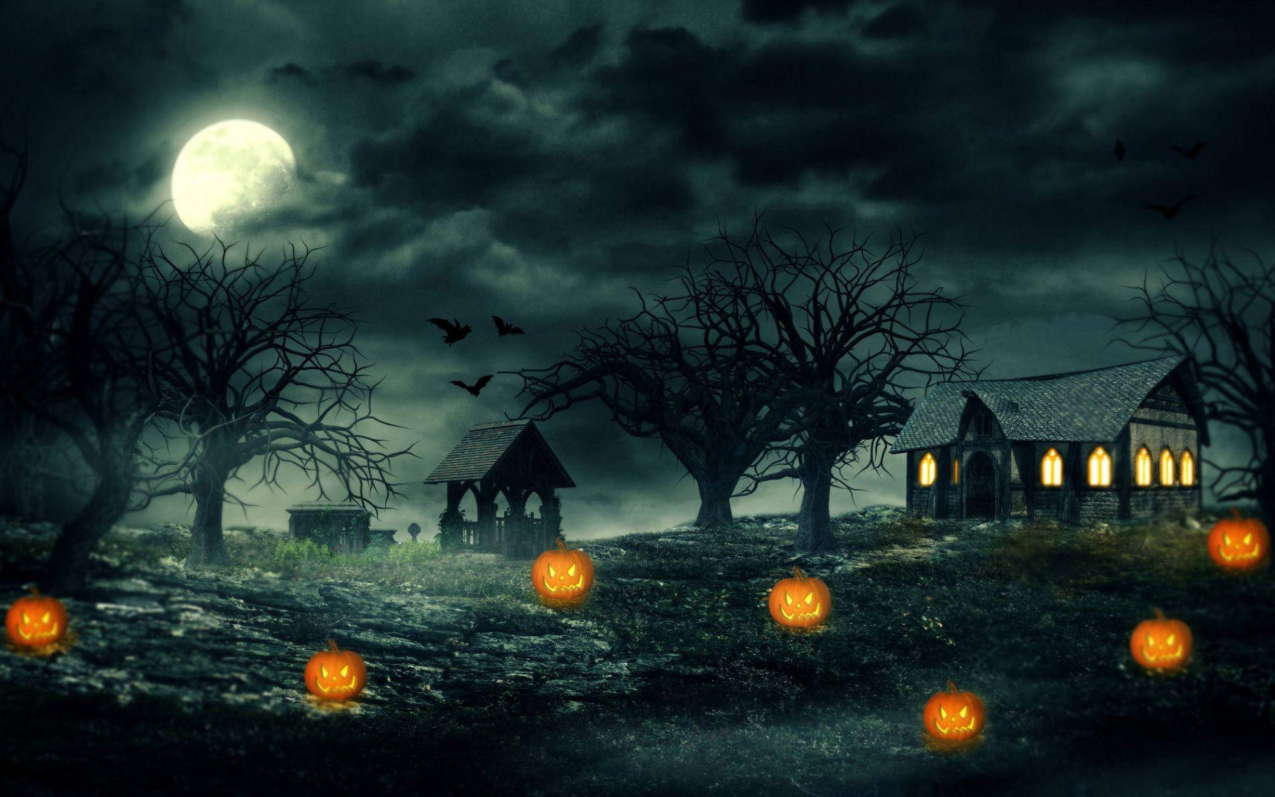 Download Glowing Pumpkins Outside Haunted House Wallpaper