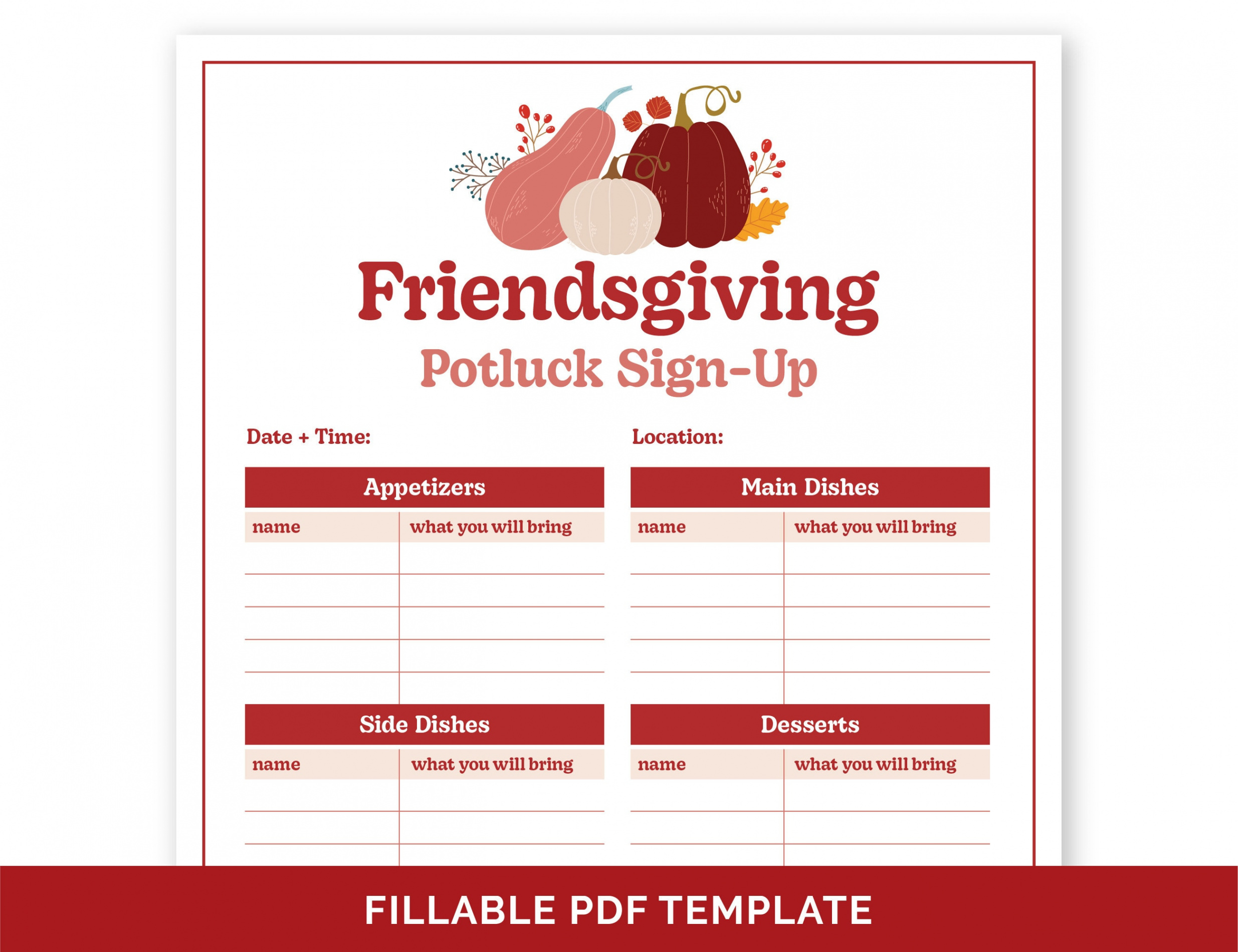 Friendsgiving Potluck Sign-up Sheet Food Sign-up Fillable PDF - Etsy