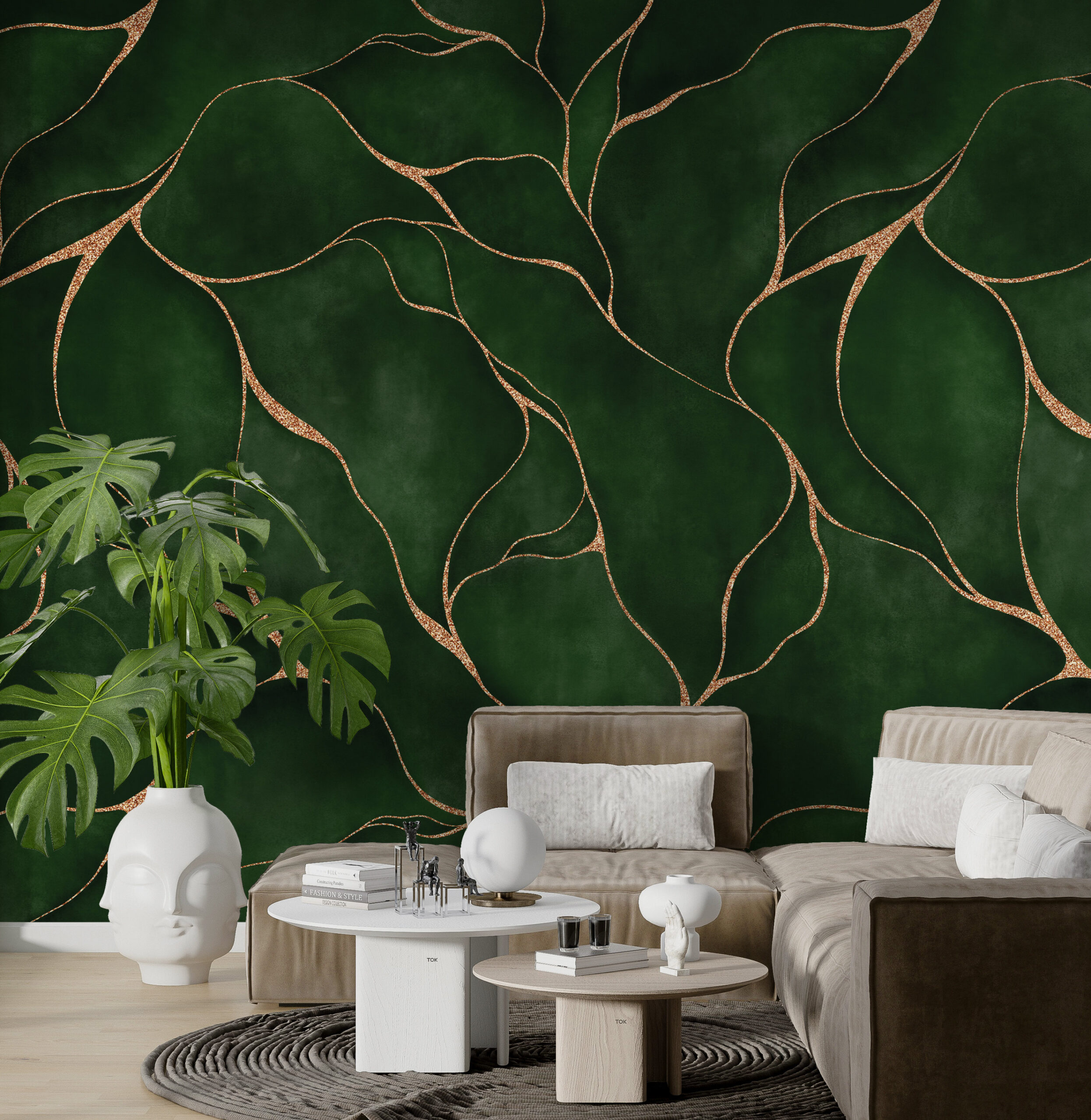 Gold Leaf Green Wallpaper , Peel and Stick Henna Green Golden