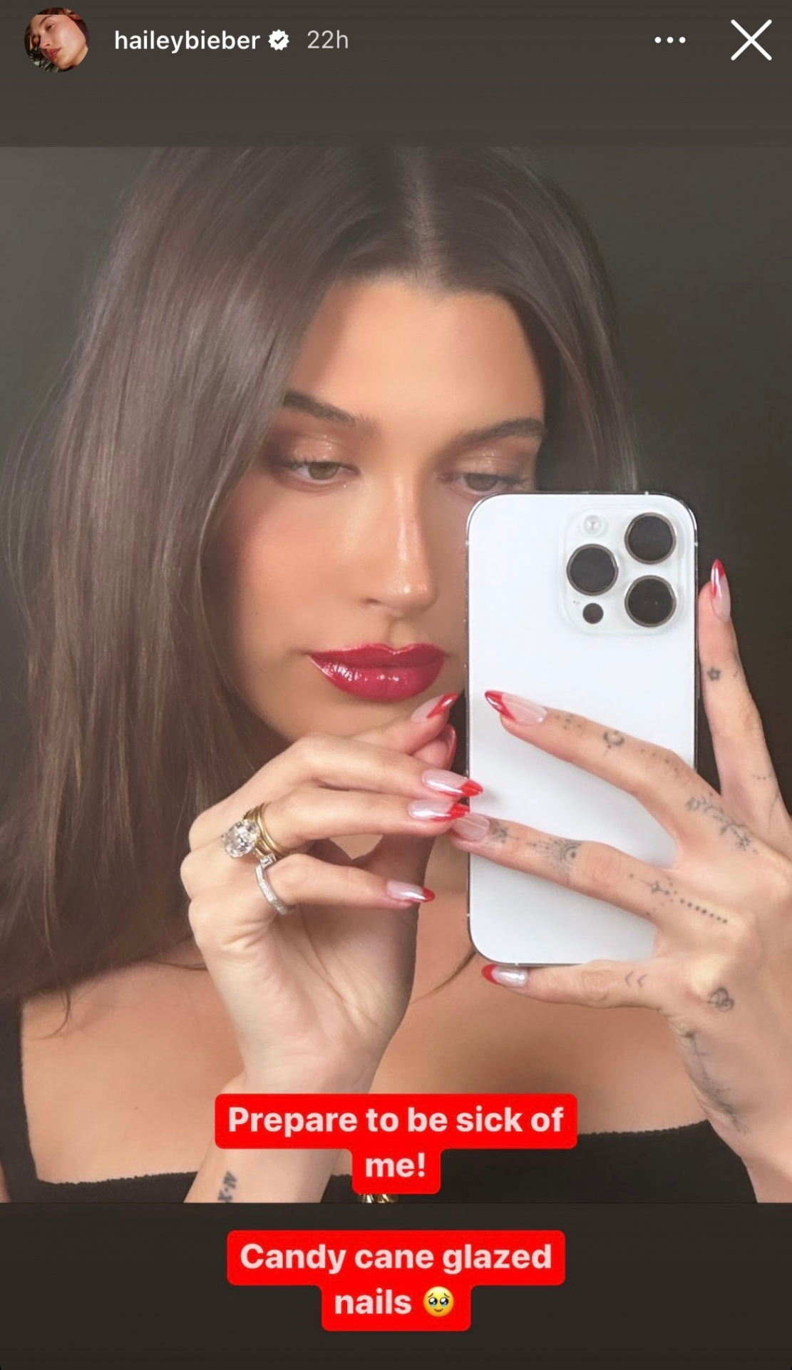 Hailey Bieber Has Dubbed "Candy Cane Glazed Nails" the Holidays