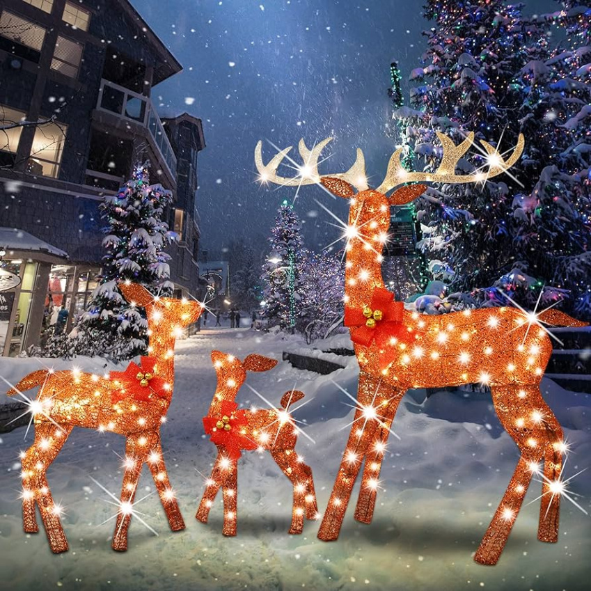 Lulu Home Christmas Yard Decoration, Set of  Pre-Lit Brown Reindeer with   LEDs White Lights, D Light Up Glittering Standing Reindeer Family for